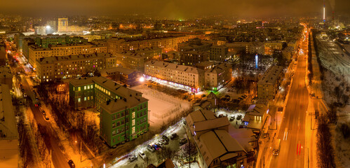 Panoramic aerial view of the town on polar night. Murmansk, Russia.