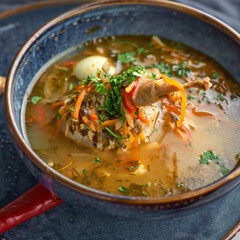 Quail meat soup with vegetables and spices. Restaurant menu. Free space for text