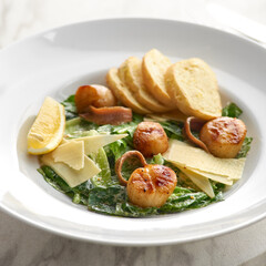 Fried Sea Scallop with White Sauce on Elegant Restaurant Plate Isolated on White Background. Gourmet Clams Meat with Fresh Lettuce Leaves