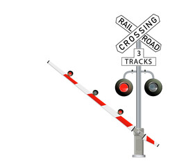 Road signs and railroad crossing barriers are used in the United States.traffic light, Railway barriers close isolated on white background, design concept for start up, business solutions,