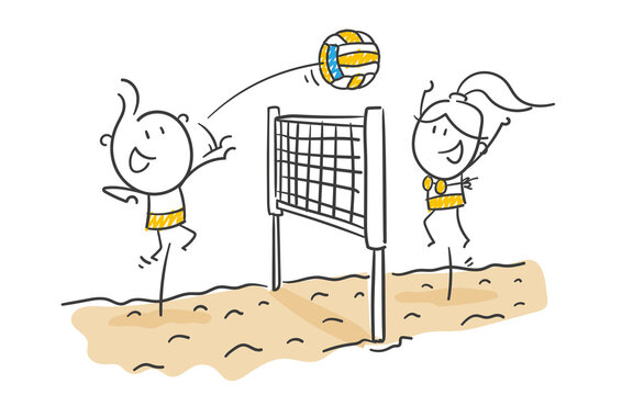 Strichfiguren / Strichmännchen: Beachvolleyball, Volleyball, Strand. (Nr. 797)