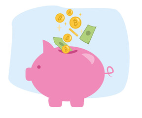 Golden bitcoin symbols. Flat modern illustration of buying and selling cryptocurrency and mining blockchain coins in growing markets. Online crypto wallet to transfer bitcoins.  Cryptocurrency, trade 