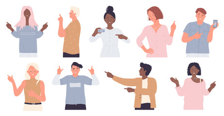 People point finger, different hand pointing gestures and poses set vector illustration. Cartoon young man and woman standing, guys and girls pointing up, down, side way on direction isolated on white - obrazy, fototapety, plakaty