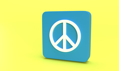 white international known peace icon on blue rounded rectangle against yellow background. 3D rendering