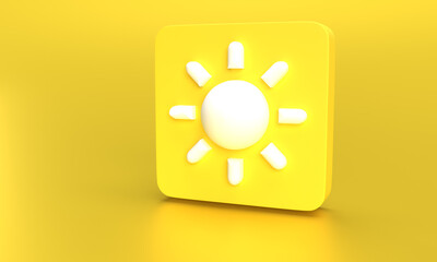 white sun icon on bright yellow rounded rectangle against reflecting yellow background. 3D rendering