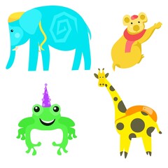 Collection of cute animal vectors. Elephant, koala, giraffe, frog, in cartoon style. Perfect for children's book covers, and learning animal names.