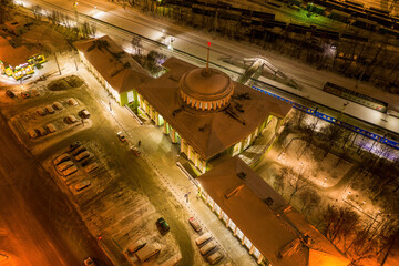 Aerial view of railway station on polar night. Murmansk, Russia.