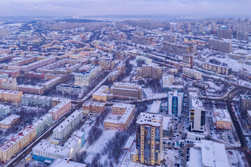 Fototapeta na wymiar Aerial view of the town on winter day. Murmansk, Russia.