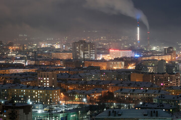 Fototapeta na wymiar View of the town on polar night. Murmansk, Russia.