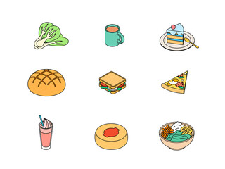 Food set - vegetables, greens, dairy, meat, fruit, fish, drink, meal, dish. Isometric vector illustration in flat design. Outline, linear style, line art. Meal preparation. Icon.