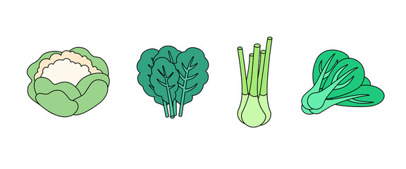 Vegetables, greens, fruits set. Isometric vector illustration in flat design. Outline, linear style, line art. Meal preparation. Icon.