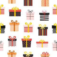 Gift boxes seamless pattern. Colorful presents collection. Holiday wallpaper. Vector isolated on white.
