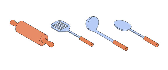 Kitchen utensils, tools set, household appliances. Isometric vector illustration in flat design. Outline, linear style, line art. Meal preparation.