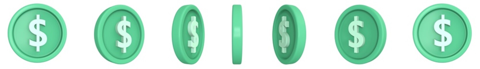 Coin with US dollar sign in different angles. 3D illustration on white background