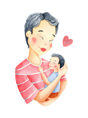 Mother and son watercolor illustration isolated on white background. Mom and boy kid card. Mother's day design. Family boho print. Asian ethnicity family poster.