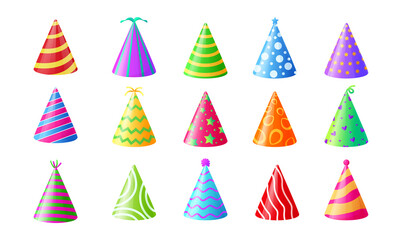 Party hats. Colorful birthday celebration colorful hat collection. Vector isolated collection