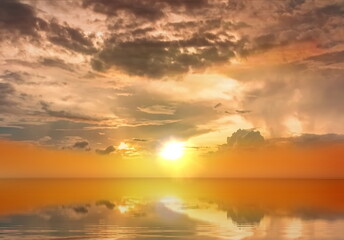 Naklejka na ściany i meble gold dramatic clouds on sunset at sea sun down nature landscape seascape weather forecast