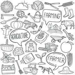 Fototapeta premium Agriculture Doodle Icons. Hand Made Line Art. Farm Life Clipart Logotype Symbol Design.