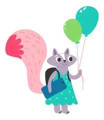 Cute raccoon character with inflatable balloons