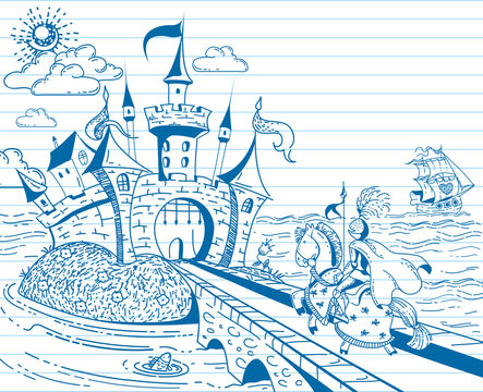Cute and lovely hand drawn doodle ink landscape with castle, knight, ship, sea and flowers on the background of the notebook sheet in vector.