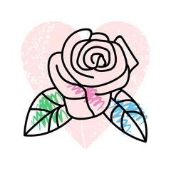 vector illustration of a rose with a heart behind isolated on white. Design for posters or t-shirts