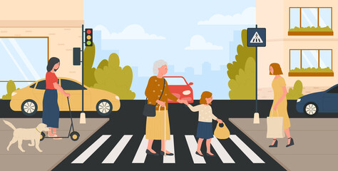 Polite kid holding granny hand to help cross city road at pedestrian crossing vector illustration. Cartoon girl with good manners and elderly woman walk on crosswalk background. Courtesy concept