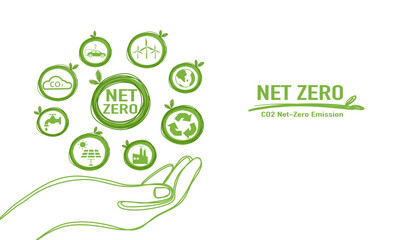 Net zero and carbon neutral concept. Net zero greenhouse gas emissions target. Climate neutral long term strategy with green net zero icon and green icon on green circles doodle background.