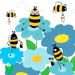 Digital illustration with funny bees and flowers.