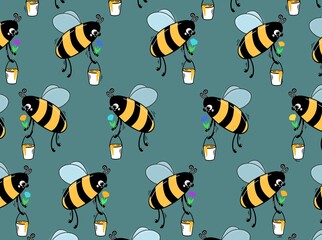  Pattern with funny bees .  Hand-drawn illustration with curved lines. Designs for fabric, clothing, and other items.