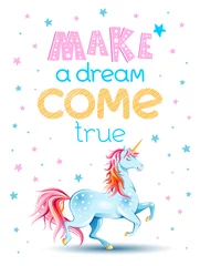 Fototapete Cute poster with Unicorn and stars. Cartoon character. Vector illustration. Design element for childish accessories. Greeting card, print, label, book cover, mascot. Lettering "Make a dream come true" © Mariia