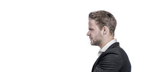 Frown of disapproval. Frown guy side-face. Professional man frowning profile. Disapproval