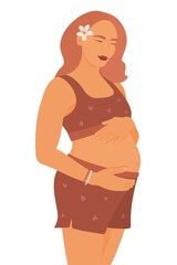 Smiling pregnant woman dressed in lingerie, with both hands holding the belly. Baby care and health. Isolated on a white background. Trendy hand-drawn vector flat cartoon illustration.