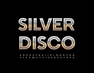 Vector advertising Silver Disco.  Stylish Silver Font. Metallic Alphabet Letters and Numbers
