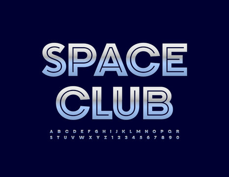 Vector modern banner Space Club with metallic Font. Reflectie chrome Alphabet Letters and Numbers set