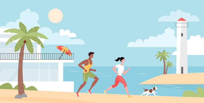Couple of runners and dog run on beach. Healthy active exercises and workout of people jogging among palm trees, resort and lighthouse on sea shore flat vector illustration. Lifestyle, sport concept