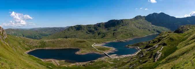 Fototapeta na wymiar Snowdonia, Wales - View of Ancient Lakes from Pyg track whilst climbing Mount Snowdon