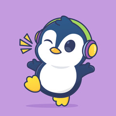 cute happy penguin wear headphone