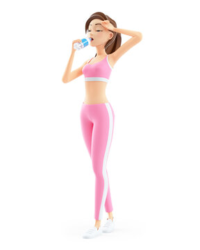 3d sporty woman drinking water on bottle