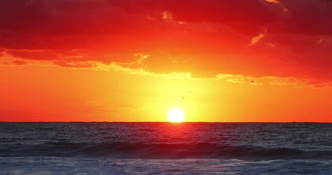 Sun rising over horizon. Ocean beach sunrise over the sea waves