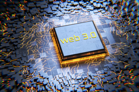 WEB 3.0 technology concept. Web 3.0 inscription on a futuristic microprocessor. 3d render.