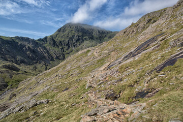 Fototapeta na wymiar Snowdon Walk. Above Glaslyn with First Glimpse of Summit in Cloud. One of a Series Documenting the Pyg and Miner's Tracks.