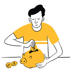 Man saving money in money box. Vector illustration eps 10 on white background