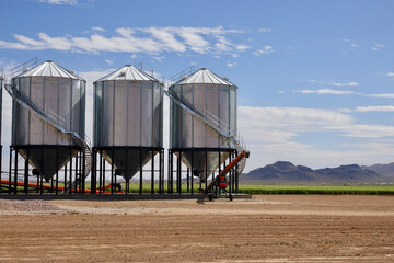 trio of grain silos of the farm in morning light © Heidi Patricola