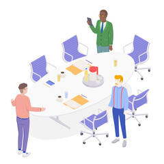 Isometric office with working people. Vector illustration flat design isolated. Male and female characters. Office and casual clothes. Conference room, meeting, laptop, corporation.