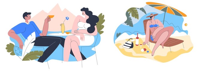 Summer holidays, couple at dinner, woman by sea