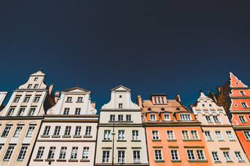 Fototapeta premium Colourful houses, blue sky, Solny square, Wroclaw, Poland. Copy space