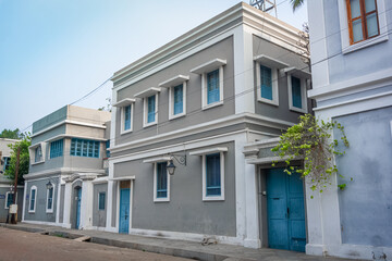 A generic French-style buildings street in a union territory at French colony, Pondicherry also as Puducherry, Tamilnadu, South India
