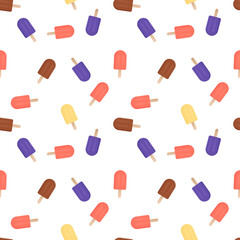Fruity popsicles seamless pattern on white background, summer dessert repeat pattern.