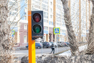 two-color traffic light on the street in the city