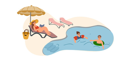 Mother lies on a sun lounger, reads a book under an umbrella. Joyful and happy couple of children have fun on an inflatable ring in the sea or pool. Family summer vacation. Vector illustration.